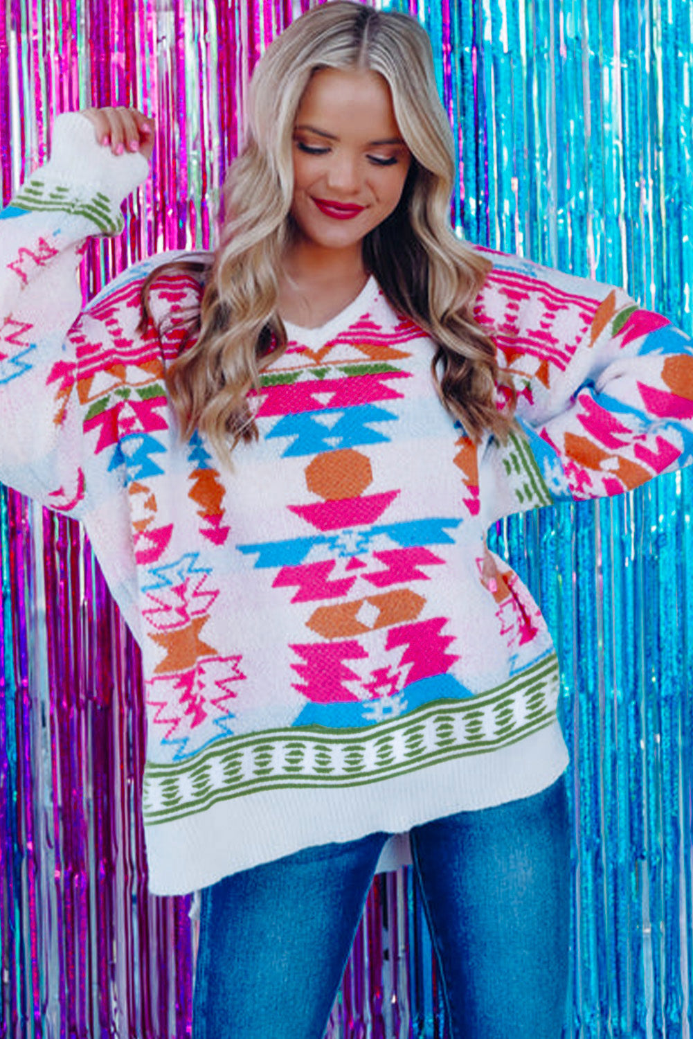 White Oversize Aztec Print High Low V Neck Sweater Sweaters JT's Designer Fashion