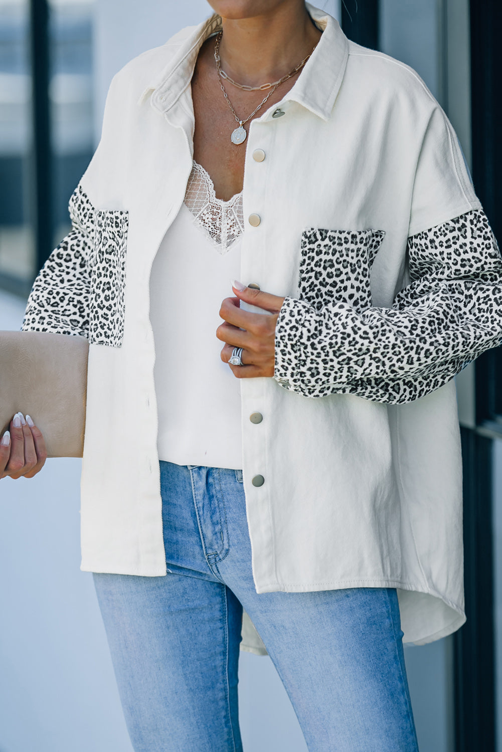 White Contrast Leopard Denim Jacket Denim Jackets JT's Designer Fashion