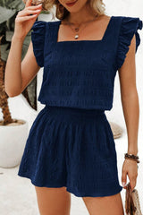 Dirty blue Textured Square Neck Top and Shirred High Waist Shorts Set Dirty blue 95%Polyester+5%Elastane Short Sets JT's Designer Fashion