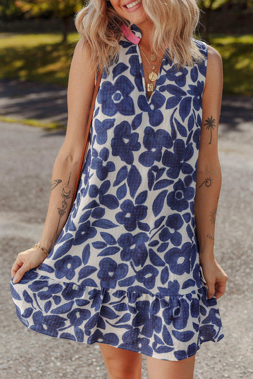 Blue Floral Sleeveless Colorblock Notched V Neck Mini Dress Mini Dresses JT's Designer Fashion