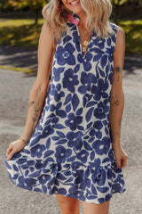 Blue Floral Sleeveless Colorblock Notched V Neck Mini Dress Mini Dresses JT's Designer Fashion
