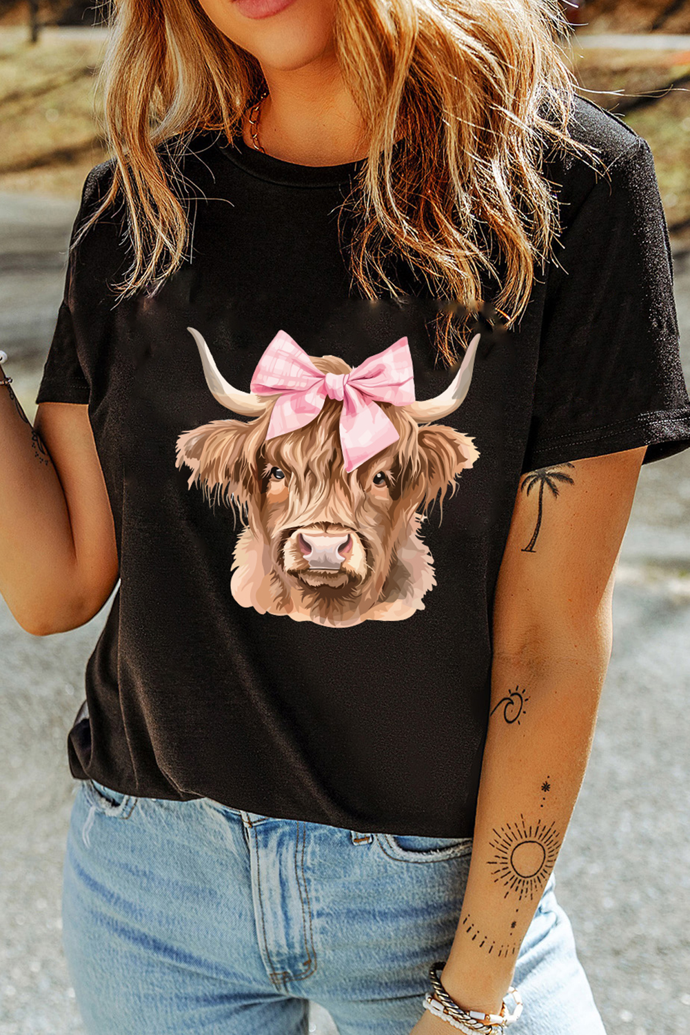 Black Bow Cow Head Graphic Western Fashion T Shirt Graphic Tees JT's Designer Fashion