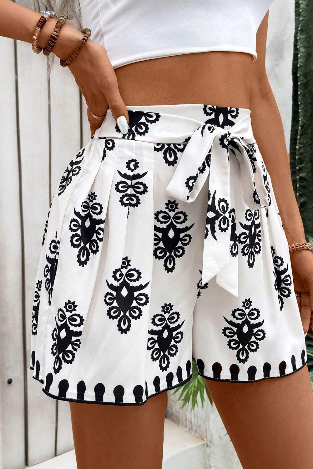 Black Tribal Geometric Print Belted High Waist Casual Shorts Casual Shorts JT's Designer Fashion