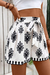 Black Tribal Geometric Print Belted High Waist Casual Shorts Casual Shorts JT's Designer Fashion