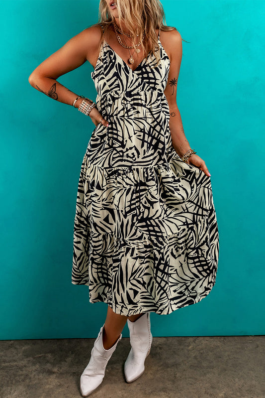 Khaki Tropical Palm Print Wrapped V Neck Spaghetti Straps Tiered Dress Midi Dresses JT's Designer Fashion