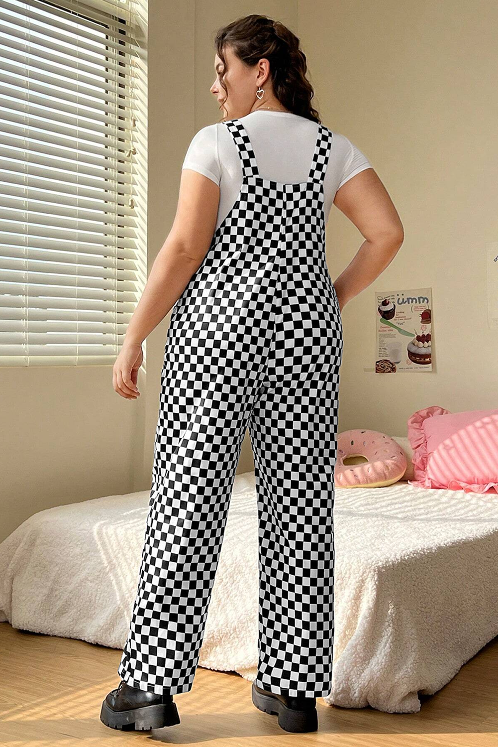Black Checkered Print Pocketed Wide Leg Jumpsuit Jumpsuits & Rompers JT's Designer Fashion