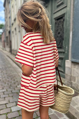 Red Stripe Lace-up Front Top and High Waist Shorts Set Short Sets JT's Designer Fashion