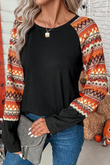 Orange Geo Print Raglan Patchwork Long Sleeve Tee Long Sleeve Tops JT's Designer Fashion