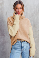 Pale Chestnut Color Block Turtle Neck Drop Shoulder Knit Sweater Sweaters JT's Designer Fashion