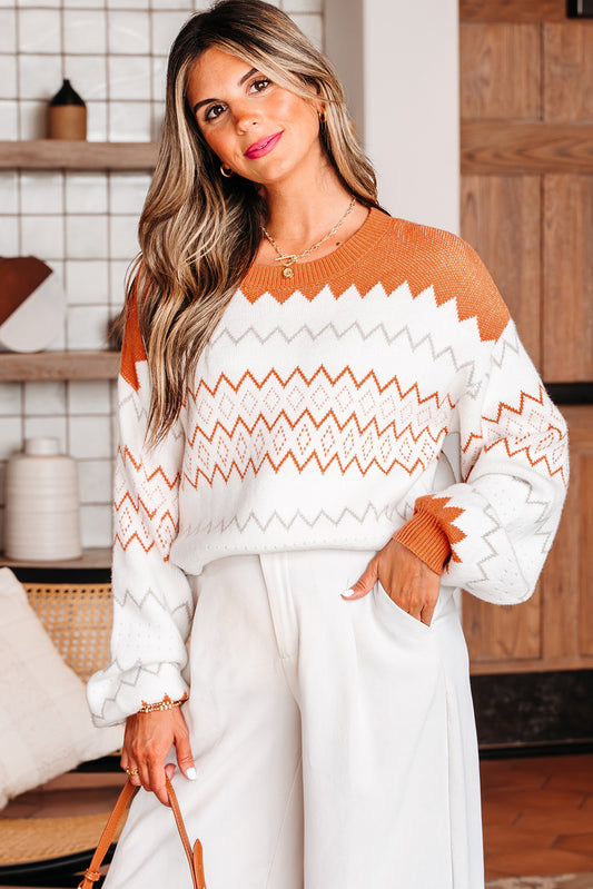 Khaki Zigzag Geometric Pattern Knitted Pullover Sweater Khaki 52%Viscose+26%Polyester+22%Polyamide Sweaters JT's Designer Fashion