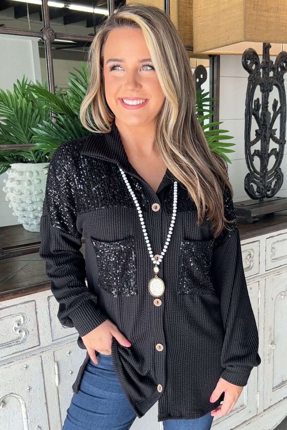 Black Sequin Patch Chest Pocket Corded Shacket Jackets JT's Designer Fashion