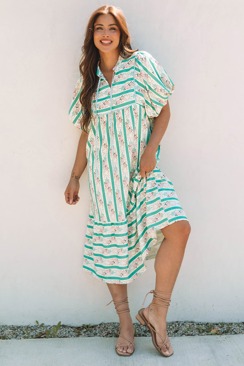 Multicolour Striped Floral Print Tie Split Neck Puff Sleeve Midi Dress Floral Dresses JT's Designer Fashion