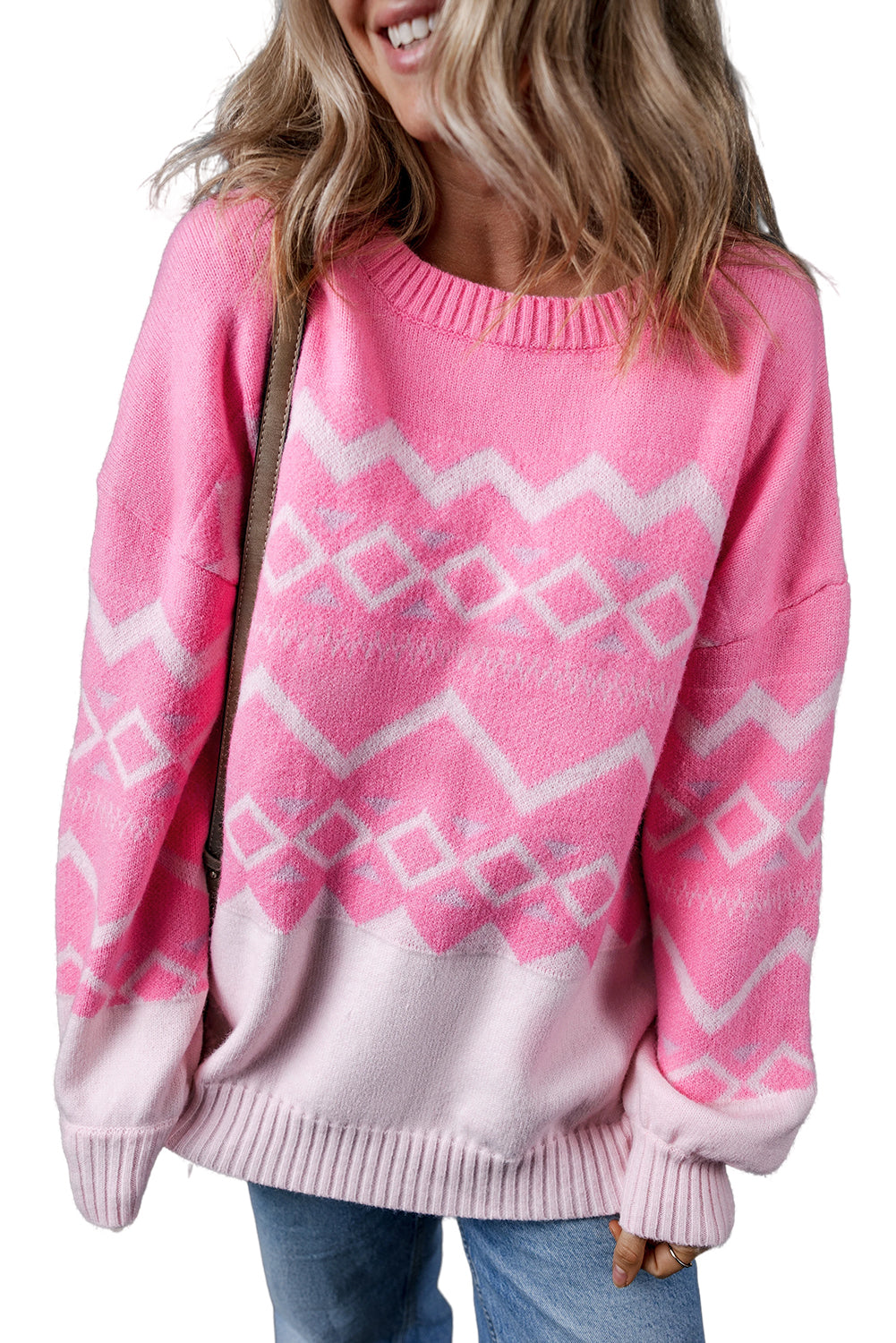 Pink Western Aztec Geometric Drop Shoulder Sweater Sweaters JT's Designer Fashion