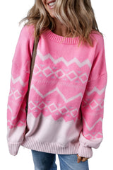 Pink Western Aztec Geometric Drop Shoulder Sweater Sweaters JT's Designer Fashion