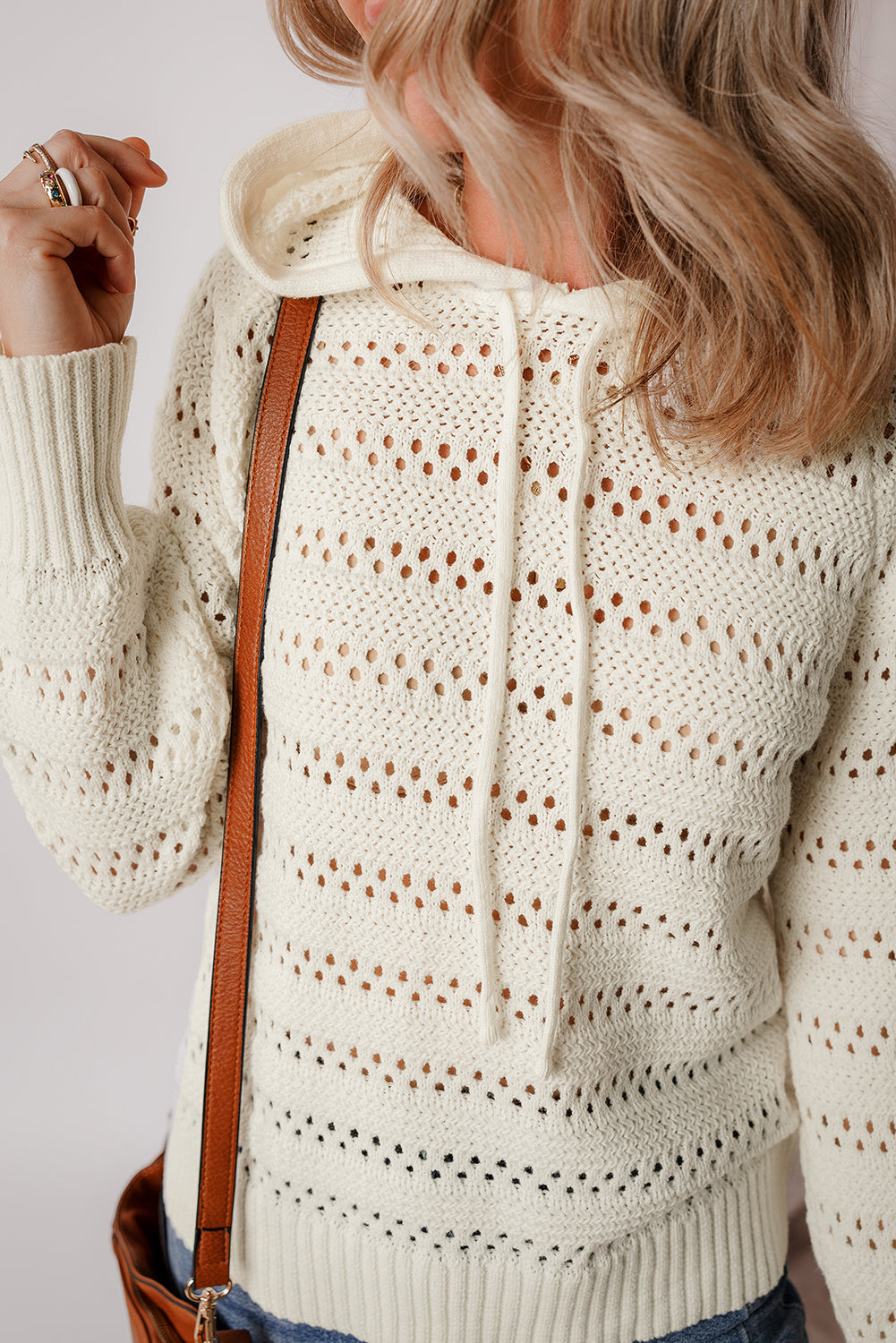 White Pointelle Knit Raglan Sleeve Hooded Sweater Sweaters JT's Designer Fashion