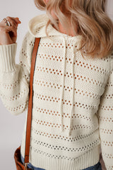 White Pointelle Knit Raglan Sleeve Hooded Sweater Sweaters JT's Designer Fashion
