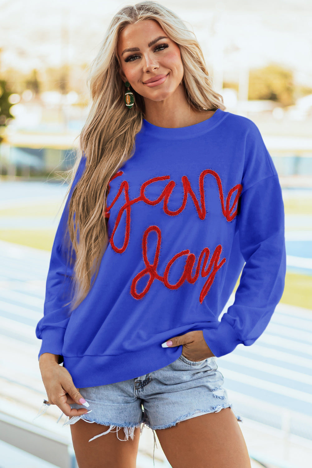 Dark Blue Tinsel Game Day Drop Shoulder Graphic Sweatshirt Sweatshirts & Hoodies JT's Designer Fashion