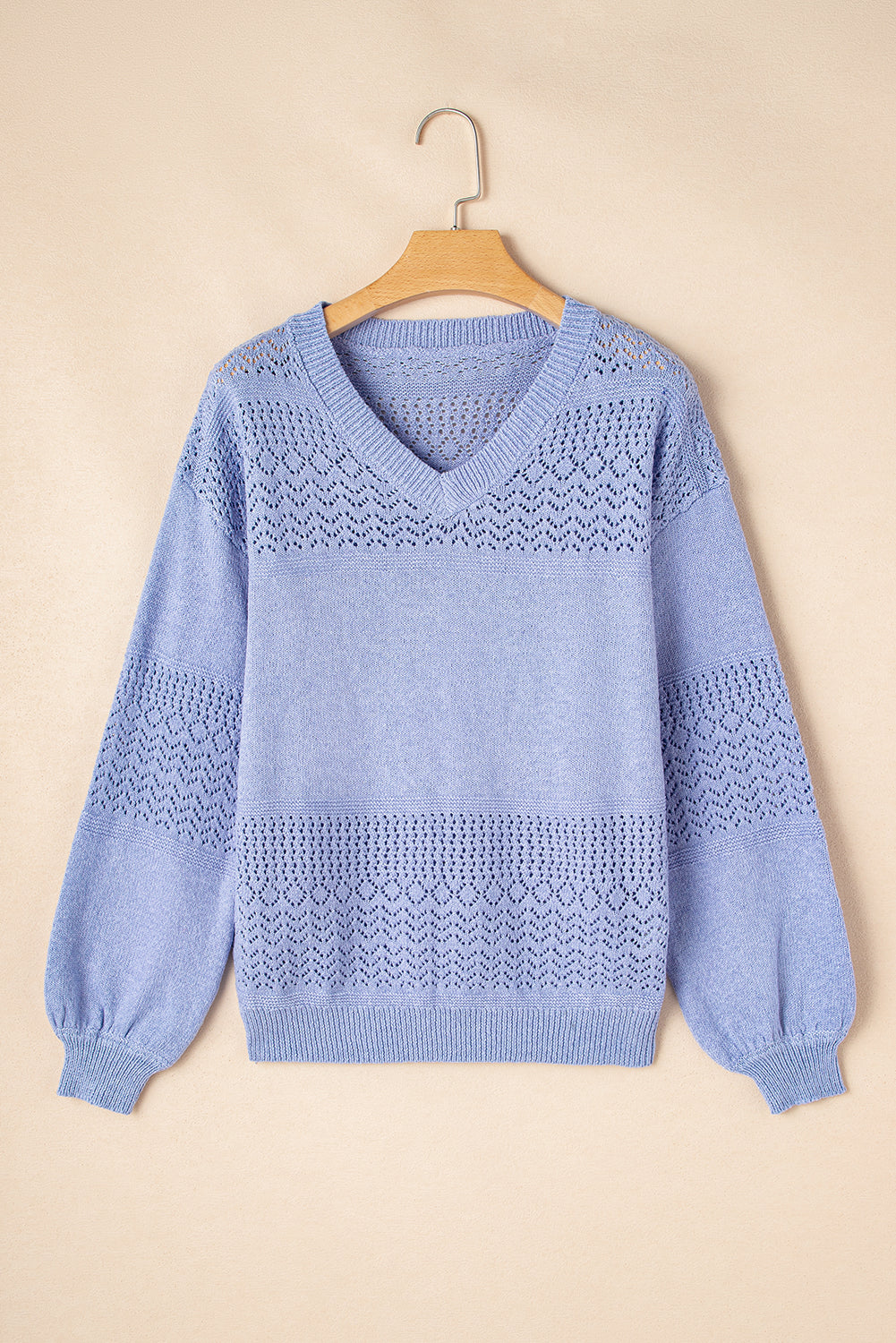 Sky Blue Eyelet Pattern Detail V Neck Drop Shoulder Sweater Sweaters JT's Designer Fashion