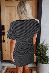 Black Stripe Ruffled Short Sleeve Crew Neck T Shirt Shift Mini Dress T Shirt Dresses JT's Designer Fashion