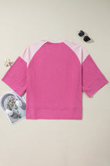 Bright Pink Textured Colorblock 3/4 Sleeve Oversize Top Long Sleeve Tops JT's Designer Fashion
