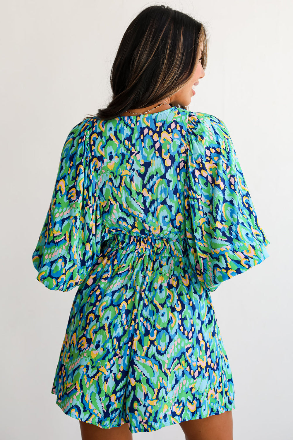 Green Abstract Print Puff Sleeve V Neck High Waist Romper Jumpsuits & Rompers JT's Designer Fashion