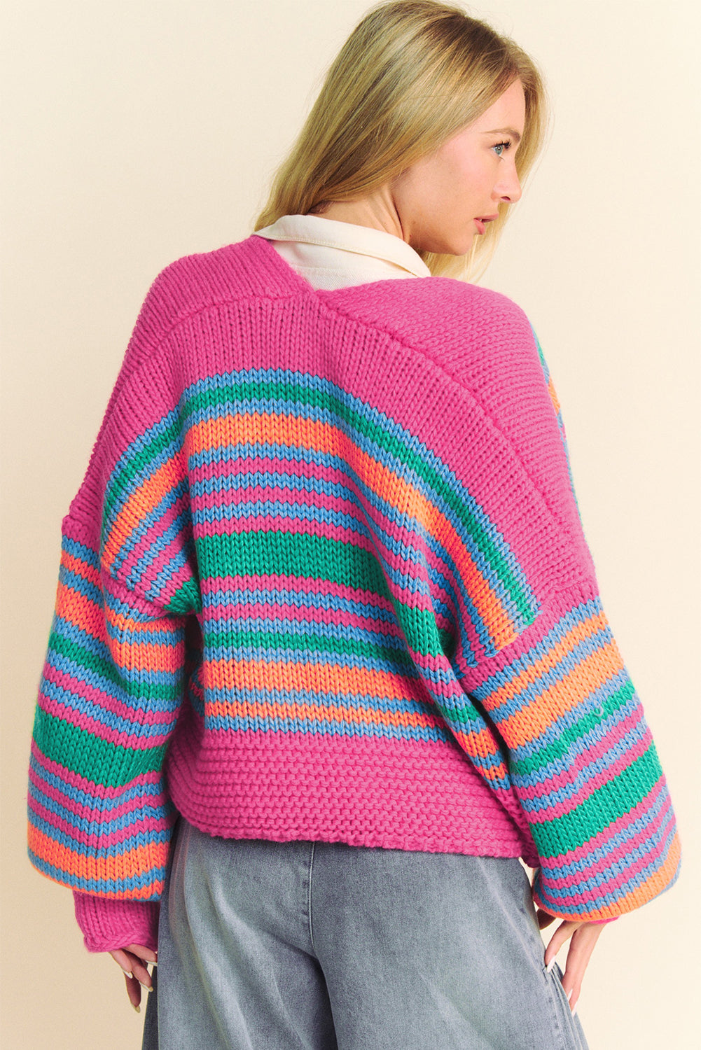Rose Stripe Colorful Puff Sleeve Drop Shoulder Loose Cardigan Cardigans JT's Designer Fashion