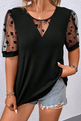 Black Floral Mesh Patchwork Loose V Neck Plus Size T Shirt Plus Size Tops & Tees JT's Designer Fashion