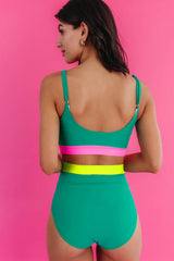 Sea Green Contrast Trim Colorblock Patchwork High Waisted Bikini High Waisted Swimsuit JT's Designer Fashion