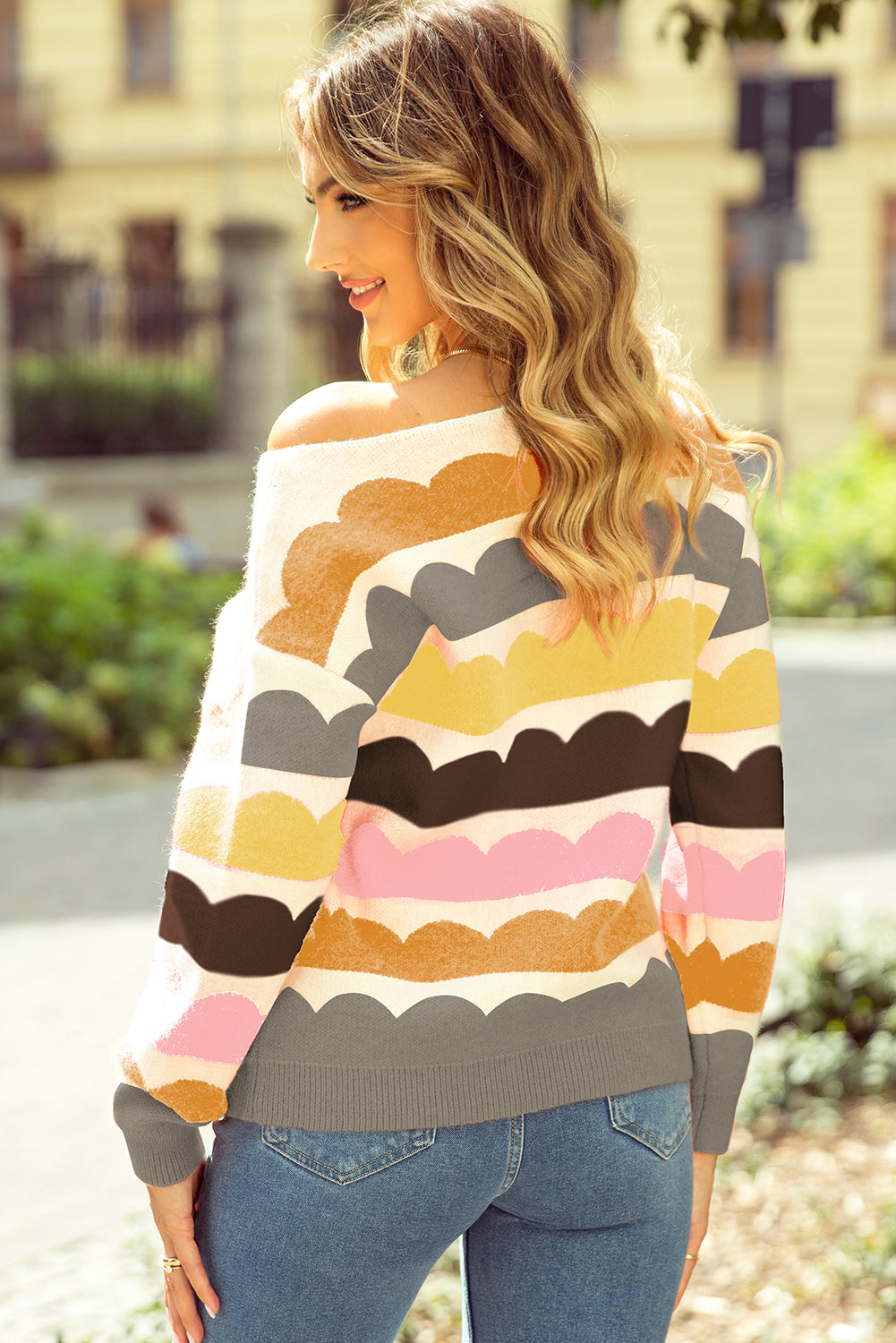 Yellow Wave Striped Balloon Sleeve Drop Shoulder Sweater Sweaters JT's Designer Fashion