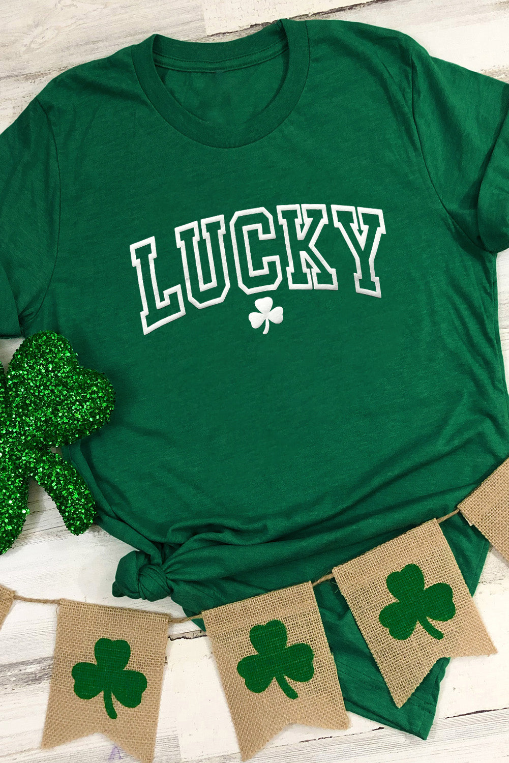 Green LUCKY Clover Puff Print Round Neck Casual T Shirt Graphic Tees JT's Designer Fashion