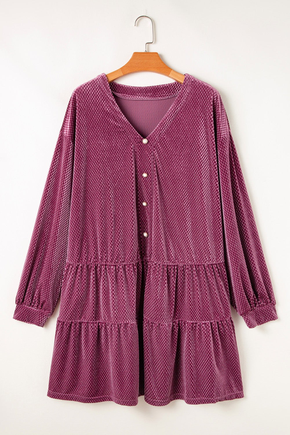Meadow Mauve Plus Size Textured Velvet Tiered Buttons Tiered Dress Plus Size Mini Dresses JT's Designer Fashion