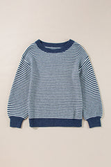 Sail Blue Striped Lantern Sleeve Drop Shoulder Cozy Sweater Sweaters JT's Designer Fashion