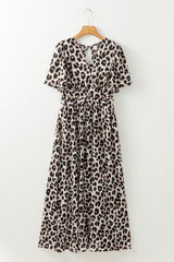 Khaki Leopard V Neck Cinched High Waist Open Back Long Dress Maxi Dresses JT's Designer Fashion