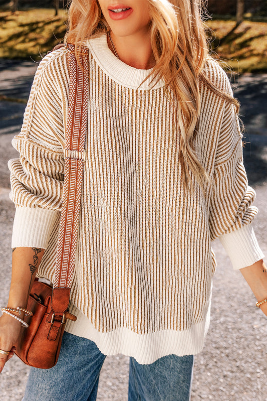 Chestnut Striped Textured Knit Contrast Edge Loose Sweater Chestnut 100%Polyester Sweaters JT's Designer Fashion