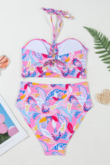 Pink Floral Printed Halter Neck High Waist Bikini High Waisted Swimsuit JT's Designer Fashion