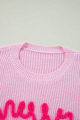 Pink Merry & Bright Pop Up Letter Waffle Knit Sweater Sweaters JT's Designer Fashion