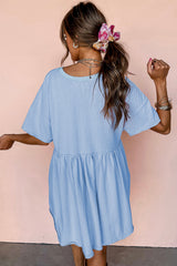 Sky Blue Solid Color Pocketed Raw Edge Babydoll Dress Mini Dresses JT's Designer Fashion