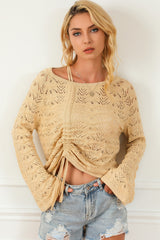 Khaki Hollowed Knit Asymmetric Drawstring Sweater Sweaters & Cardigans JT's Designer Fashion