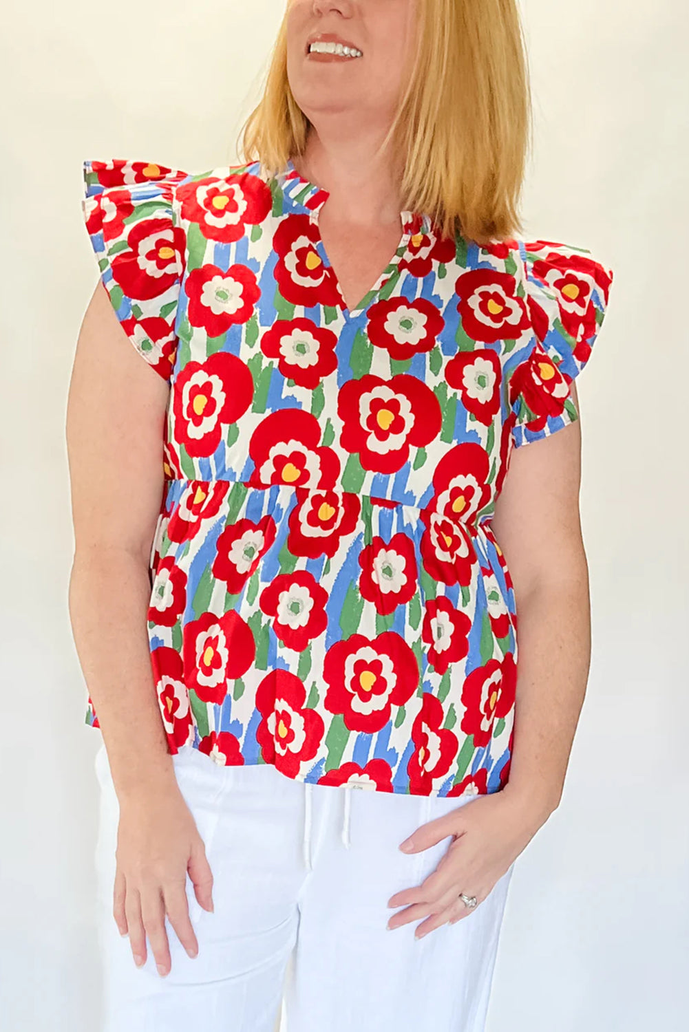 Red Plus Size Floral Print Ruffle Trim Split Neck Peplum Top Plus Size Blouses & Shirts JT's Designer Fashion