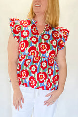Red Plus Size Floral Print Ruffle Trim Split Neck Peplum Top Plus Size Blouses & Shirts JT's Designer Fashion