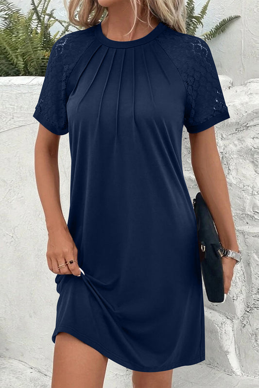 Navy Blue Contrast Lace Raglan Sleeve Pleated Detail Shift Dress Navy Blue 65%Polyester+30%Viscose+5%Elastane T Shirt Dresses JT's Designer Fashion
