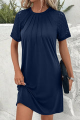 Navy Blue Contrast Lace Raglan Sleeve Pleated Detail Shift Dress Navy Blue 65%Polyester+30%Viscose+5%Elastane T Shirt Dresses JT's Designer Fashion