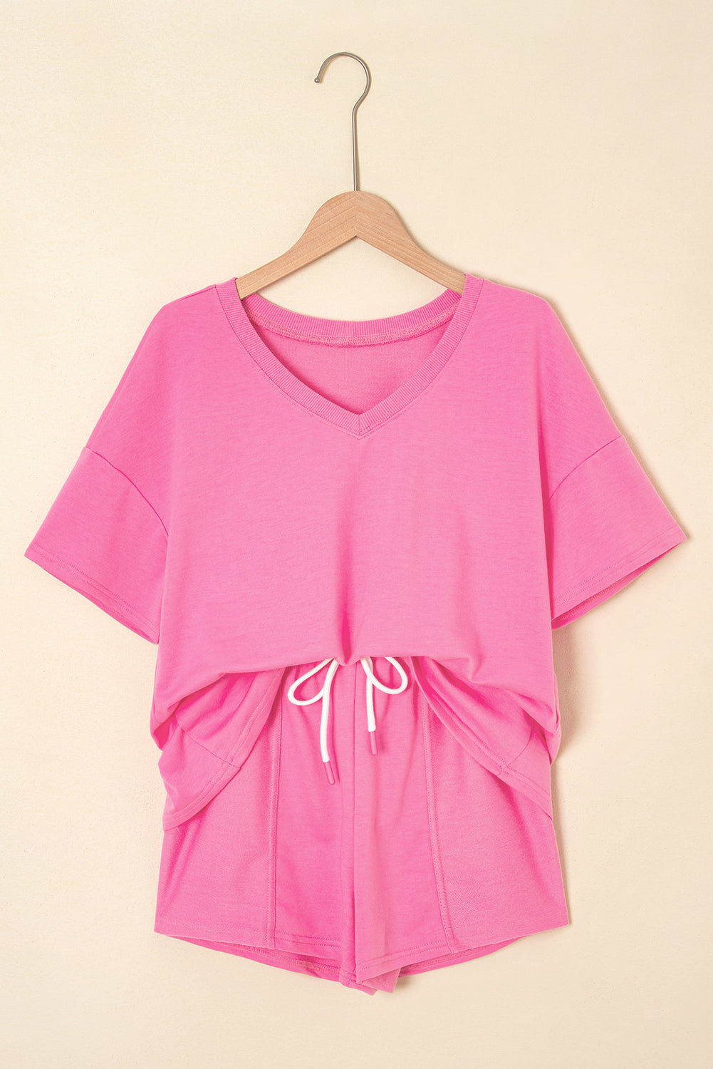Bonbon V Neck Drop Shoulder Tee and Patchwork Drawstring Elastic Waistband Shorts Set Short Sets JT's Designer Fashion