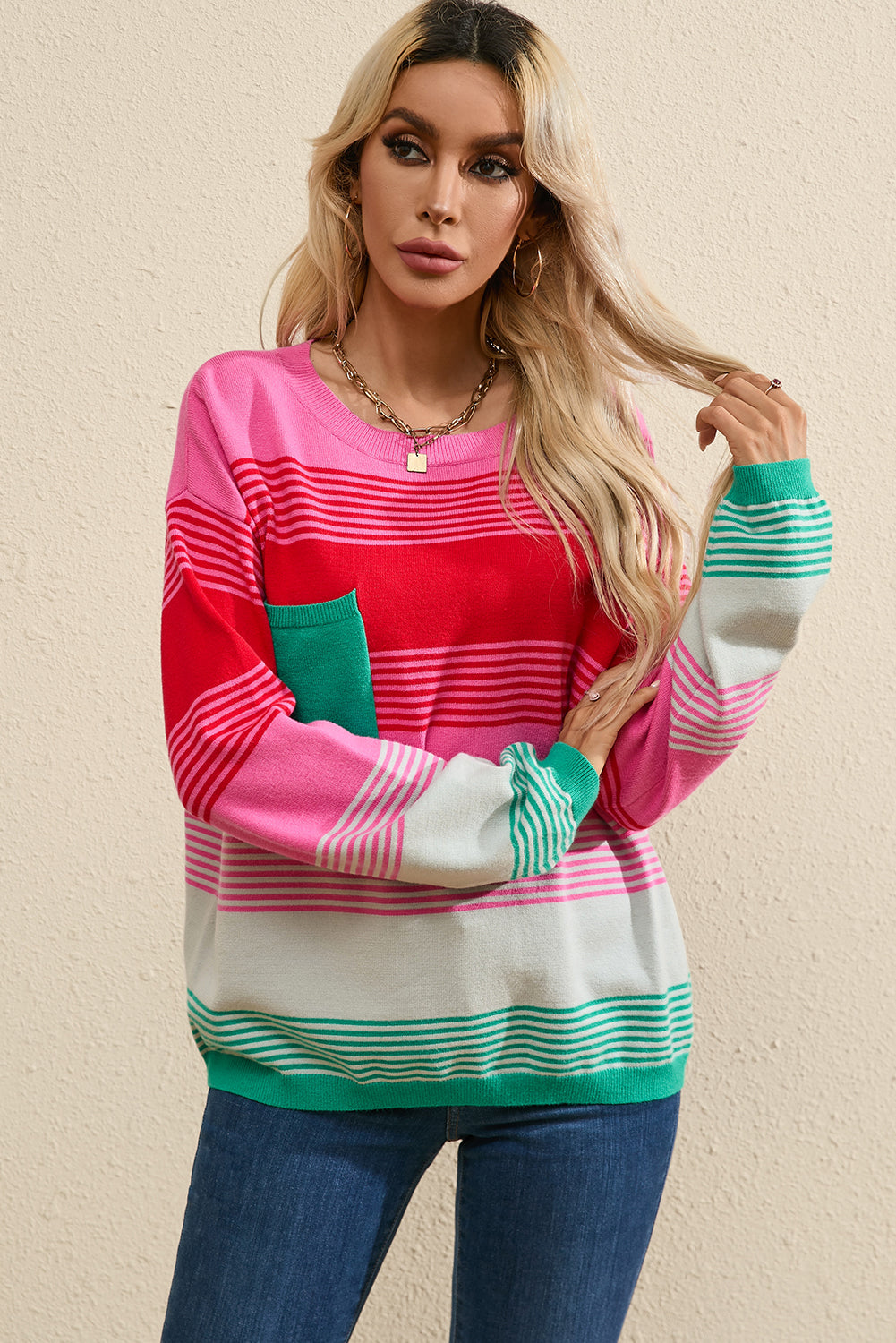 Rose Striped Knit Patch Pocket Drop Shoulder Sweater Sweaters JT's Designer Fashion