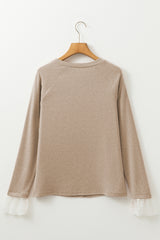 Parchment Seam Detail Lace Contrast Cuffs Raglan Sleeve Top Long Sleeve Tops JT's Designer Fashion