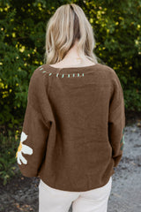 Coffee Big Flower Pattern V Neck Drop Shoulder Sweater Sweaters JT's Designer Fashion