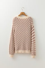 Khaki Stripe Checkerboard Drop Shoulder Balloon Sleeve Sweater Sweaters JT's Designer Fashion