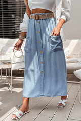 Beau Blue Buttoned Front High Waist Side Pockets Denim Maxi Skirt Beau Blue 100%Lyocell Skirts & Petticoat JT's Designer Fashion
