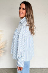 Sky Blue Stripe Shirred Detail Half Placket Collared Long Sleeve Fall Shirt Blouses & Shirts JT's Designer Fashion