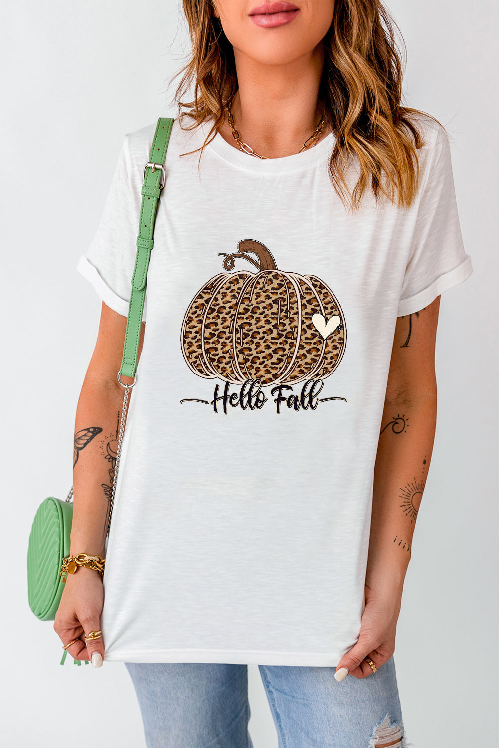 White Hello Fall Leopard Pumpkin Graphic T Shirt Graphic Tees JT's Designer Fashion